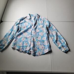 Richards Button Up Shirt Womens 4 Blue Floral Linen Long Sleeve Lightweight